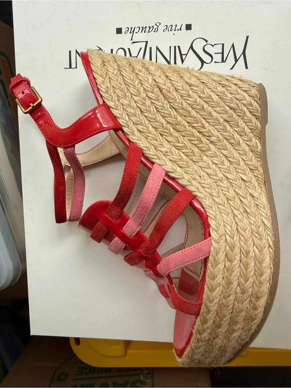 Yves Saint Laurent Pink and Red Wedge Espadrille Sandals